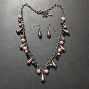 Rmn Gunmetal Black Crystal Brown Tan Faux Pearl Statement Necklace Earrings Set
